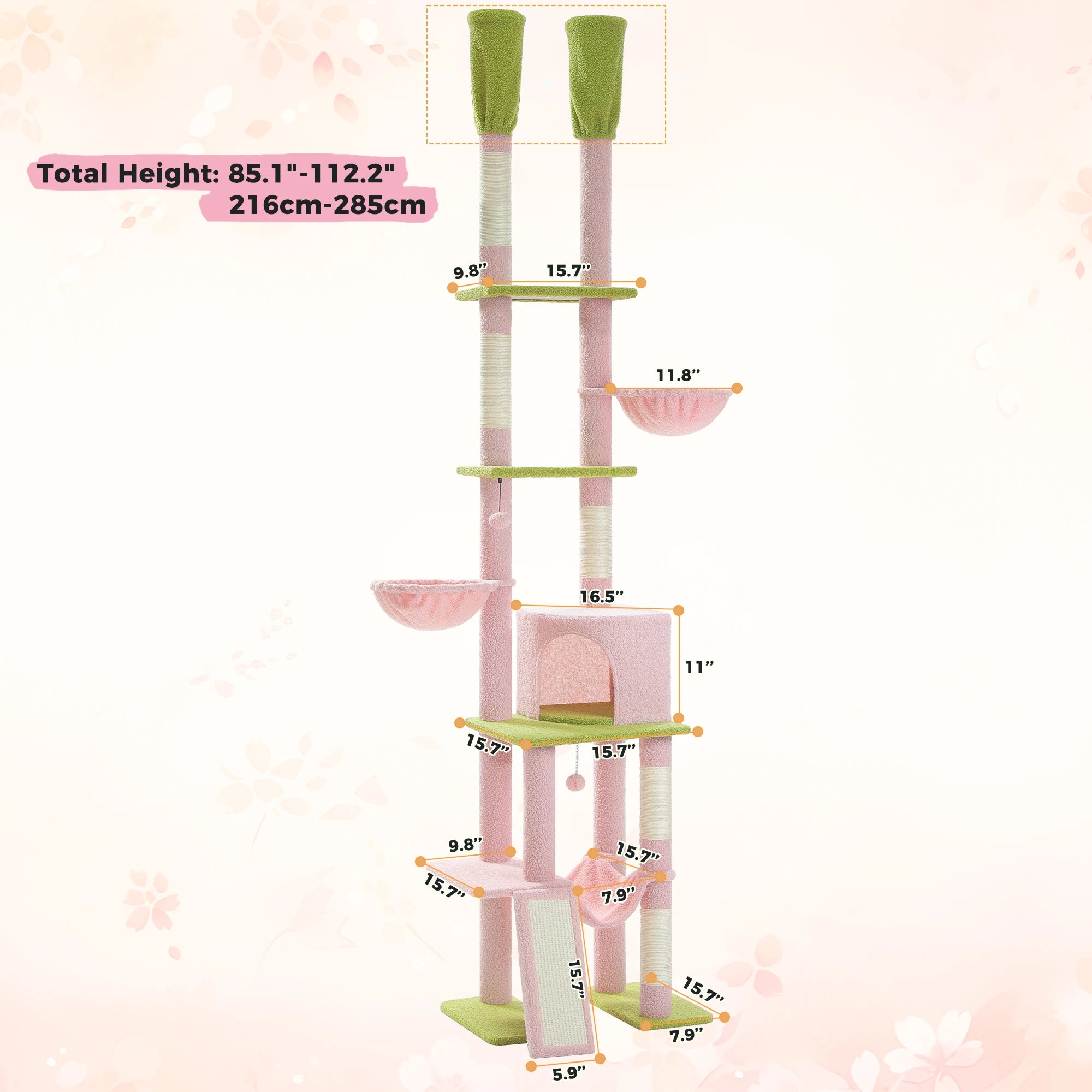 Adjustable Floor-to-Ceiling Cat Tree Tower – Tall Indoor Cat Furniture with Hammock, Cozy Condo & Sisal Scratching Posts
