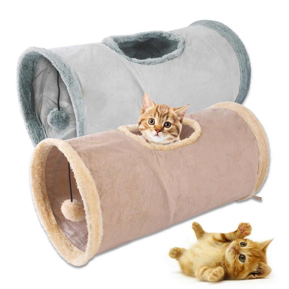 Plush Foldable Cat Tunnel – Warm Winter Play Tube with Hanging Ball for Cats, Kittens, Puppies & Small Pets