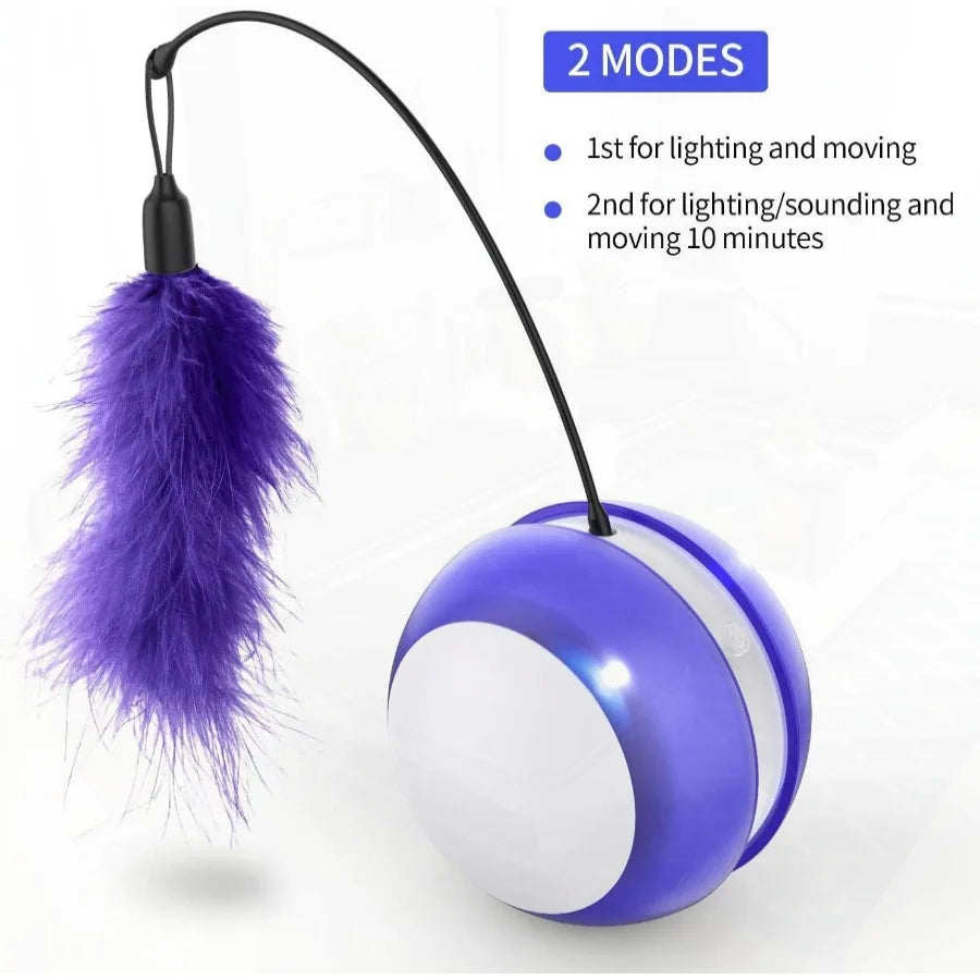 Interactive Cat Chaser Ball – 360° Rolling Self-Rotating Toy with LED Light, Sound & Detachable Feather