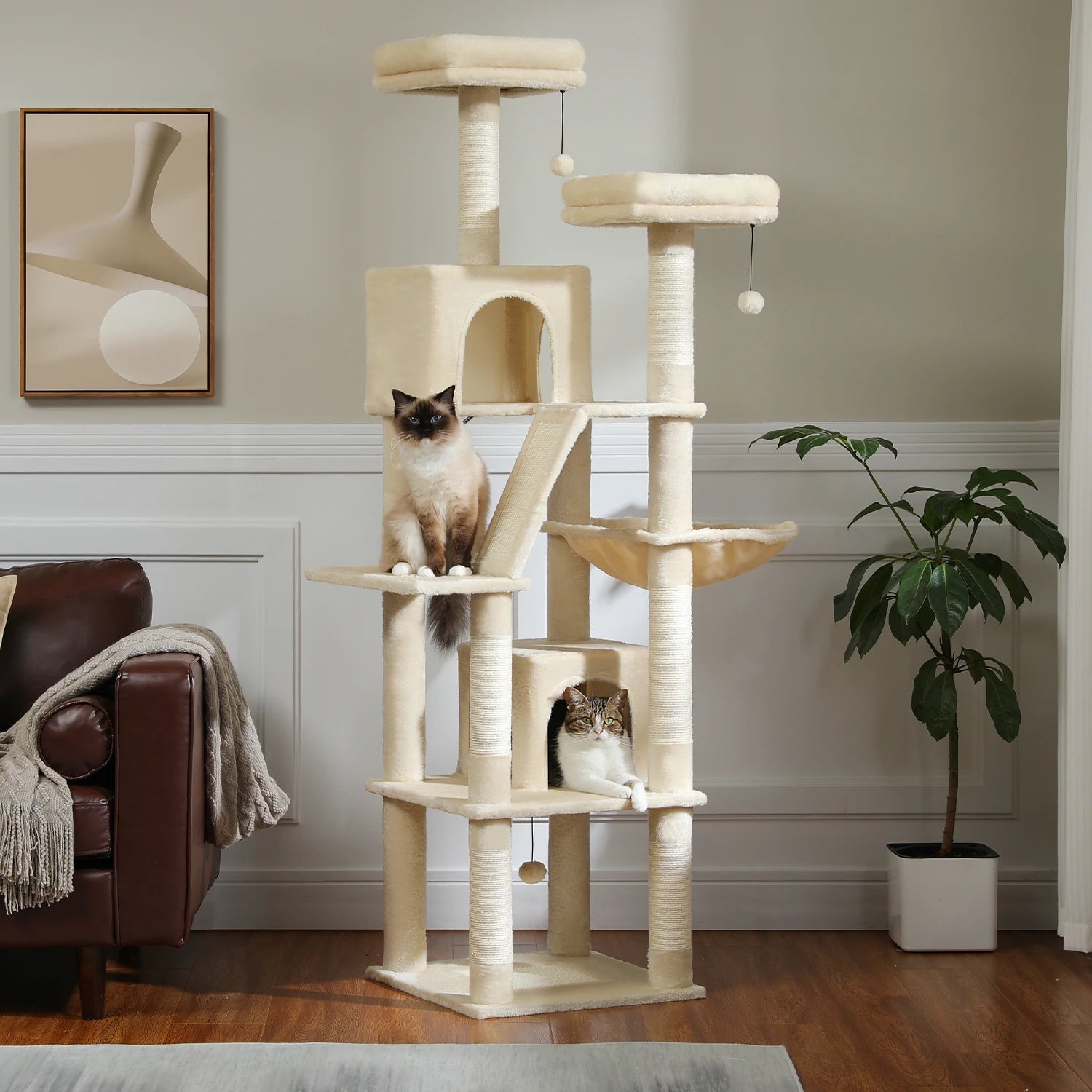 Large Multi-Level Cat Tree Tower – Tall Plush Indoor Cat Condo with Scratching Posts, Perches, Caves & Boards