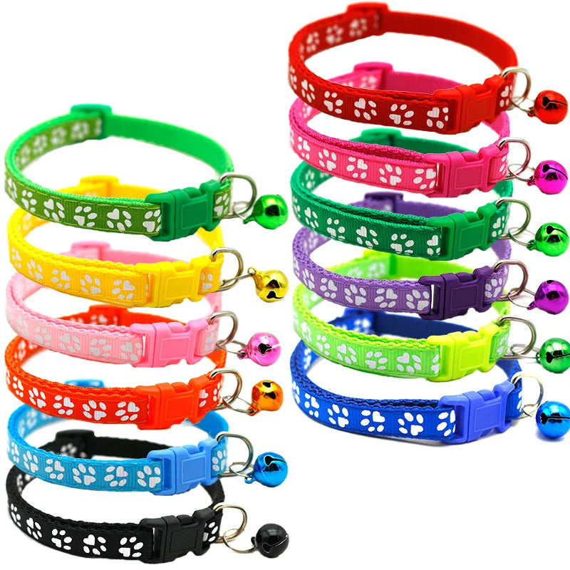 Adjustable Pet Collar with Bell – Colorful Cartoon Footprint Dog & Cat Collar for Puppies and Kittens
