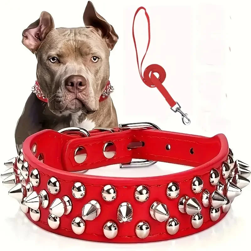 Spiked Dog Collar & Leash Set – Adjustable PU Leather Rivet Collar with Matching Leash for Outdoor Walking