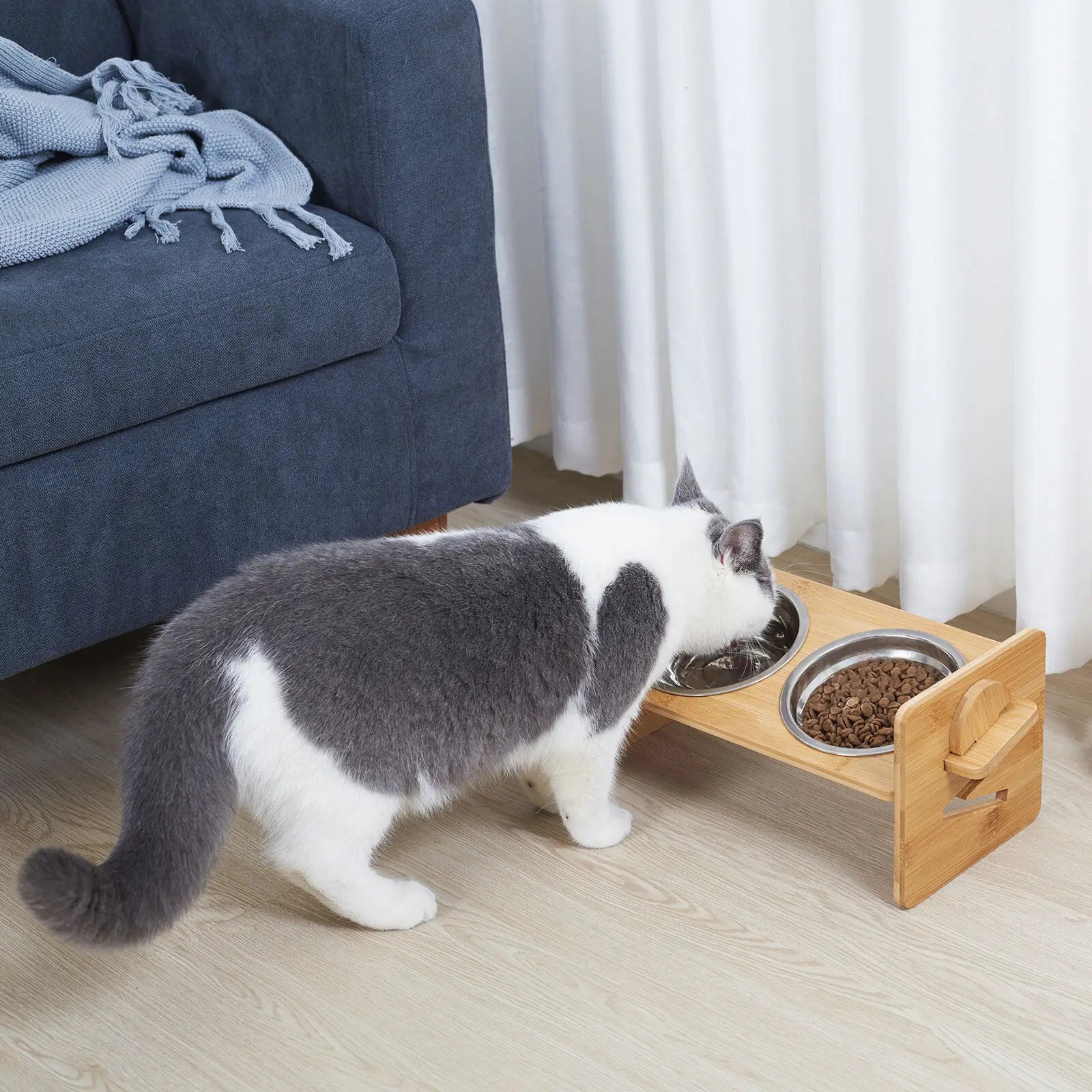 Adjustable Wooden Raised Cat Bowls – Bamboo Stand with Stainless Steel Dishes