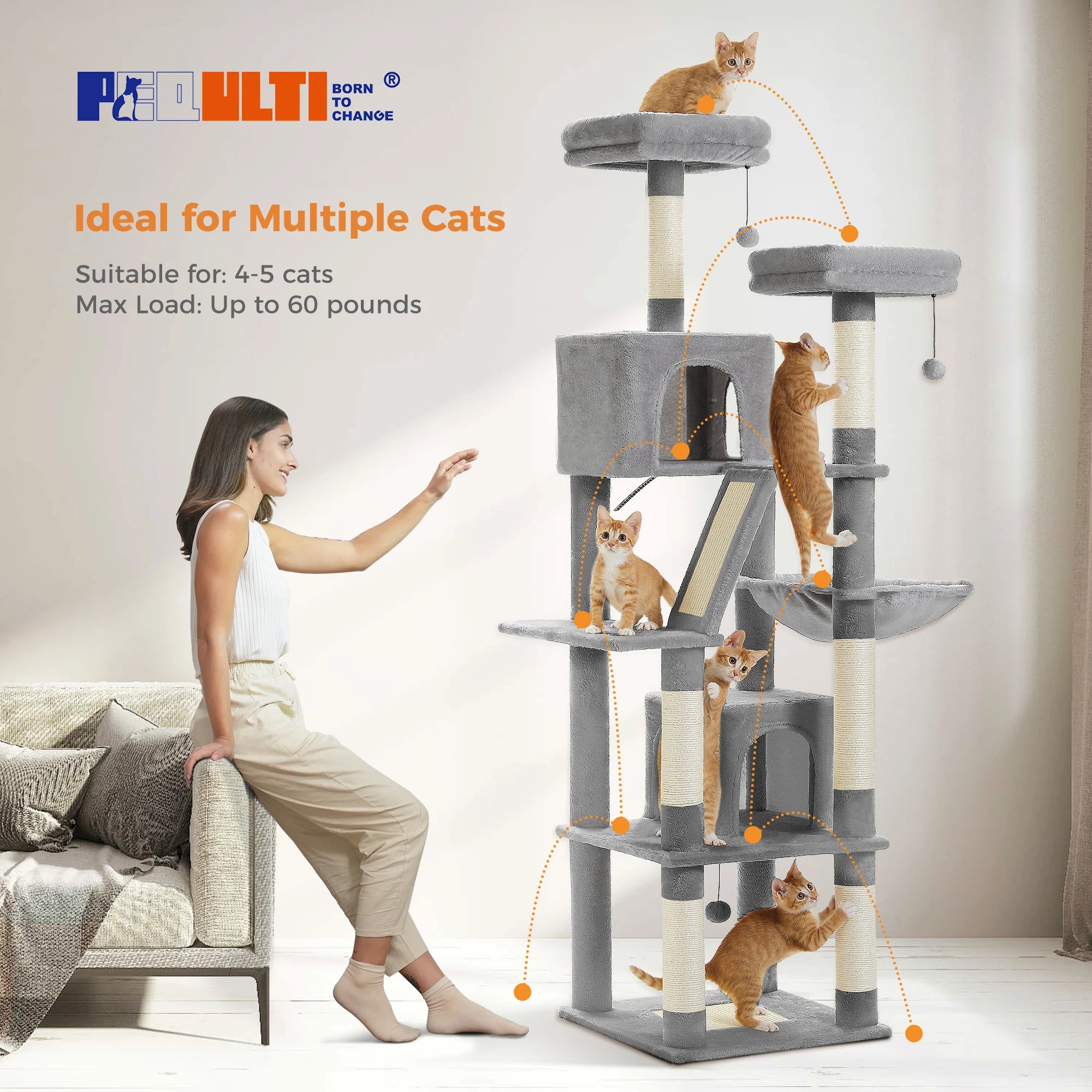 Large Multi-Level Cat Tree Tower – Tall Plush Indoor Cat Condo with Scratching Posts, Perches, Caves & Boards