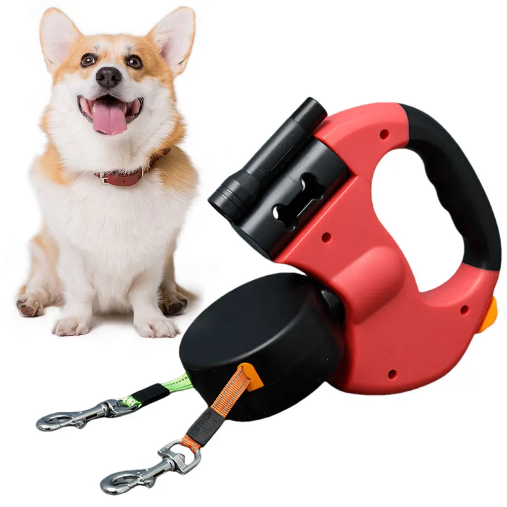 Double Headed Dog Leash – 360° Swivel Retractable Leash for Walking Two Small to Medium Dogs