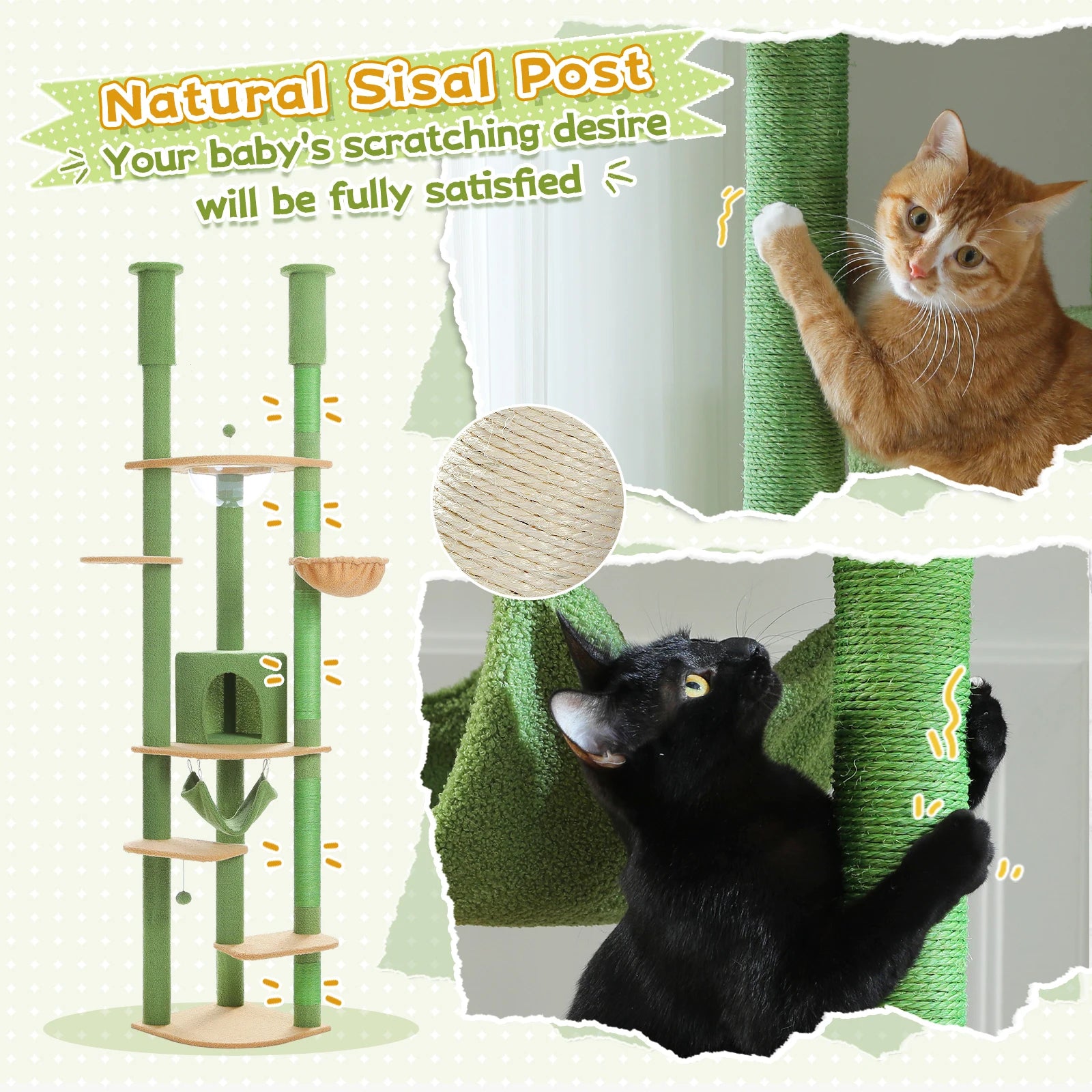 Adjustable Floor-to-Ceiling Cat Tree Tower – Tall Indoor Cat Furniture with Hammock, Cozy Condo & Sisal Scratching Posts