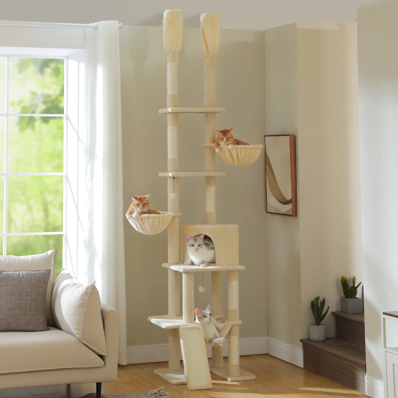 Adjustable Floor-to-Ceiling Cat Tree Tower – Tall Indoor Cat Furniture with Hammock, Cozy Condo & Sisal Scratching Posts
