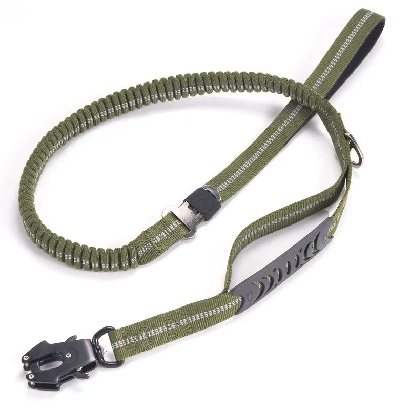 Reflective Shock-Absorbing Tactical Bungee Dog Leash with Car Seatbelt Clip – Heavy Duty No-Pull Leash for Large Dogs