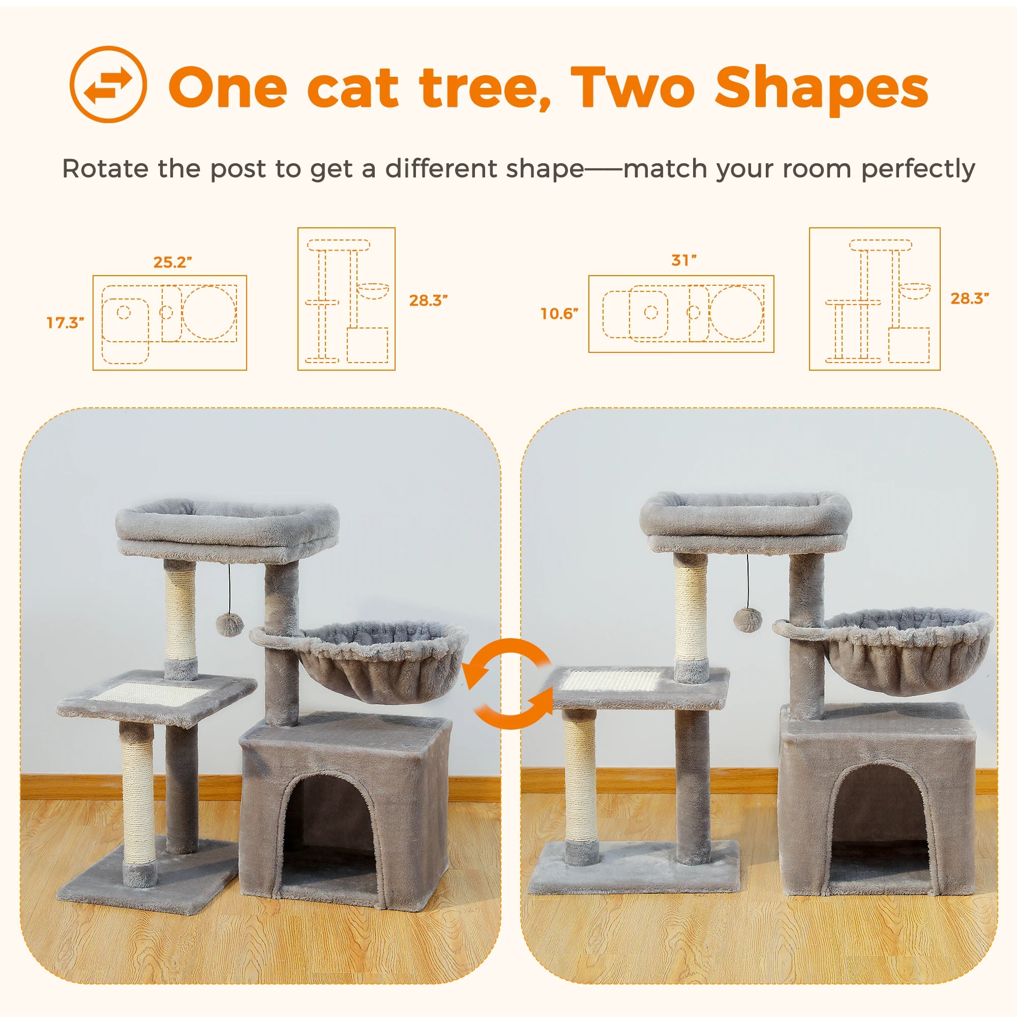 Cat Tree Tower for Indoor Cats – 2 Styles Cat Activity Center with Scratching Posts, Large Hammock & Removable Top Perch (Grey)