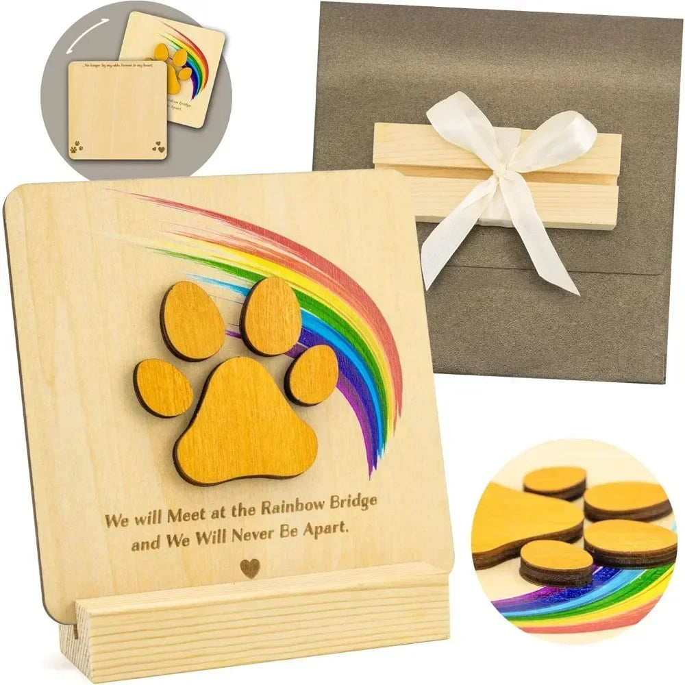 Rainbow Bridge Pet Sympathy Card – Wooden Dog Memorial Gift with Envelope, Keepsake Remembrance