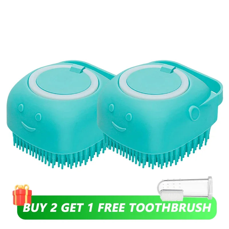 Dog Bath Brush – Silicone Pet Shampoo Scrubber & Soap Dispenser, Cat Massage Grooming Comb, Soft Rubber Puppy Cleaning Brush