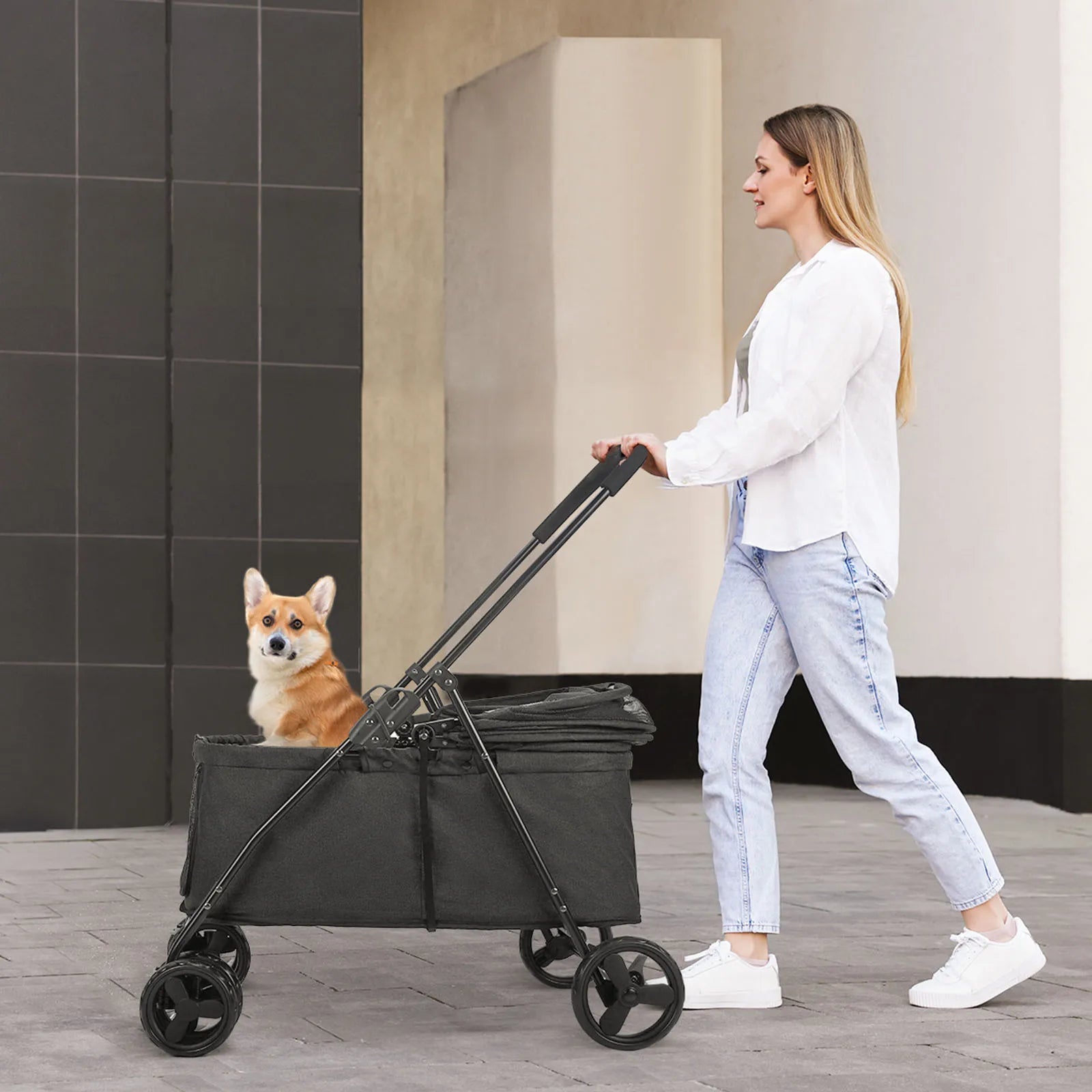 Wedyvko Luxury 80 lbs Pet Stroller – 4-Wheel Foldable Dog Stroller with Brakes, Dark Grey