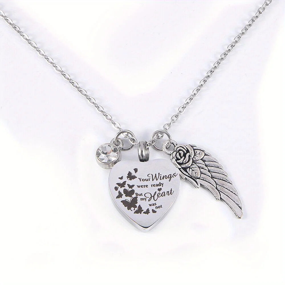 Angel Wing Heart Cremation Urn Necklace – Memorial Keepsake Jewelry for Ashes