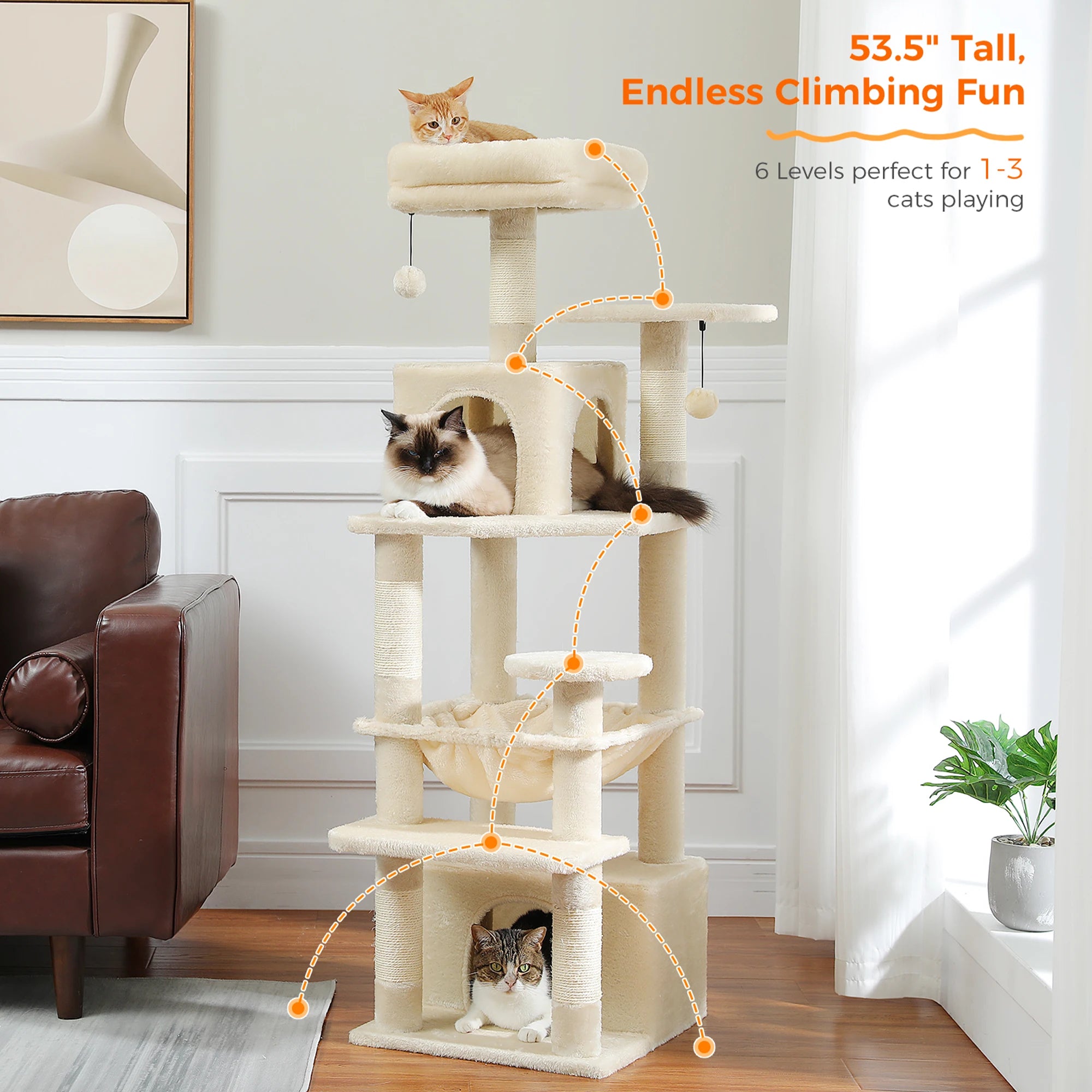 6-Level Multi-Cat Tree Tower with Dual Condos, Double Top Perches, Hammock & 5 Scratching Posts