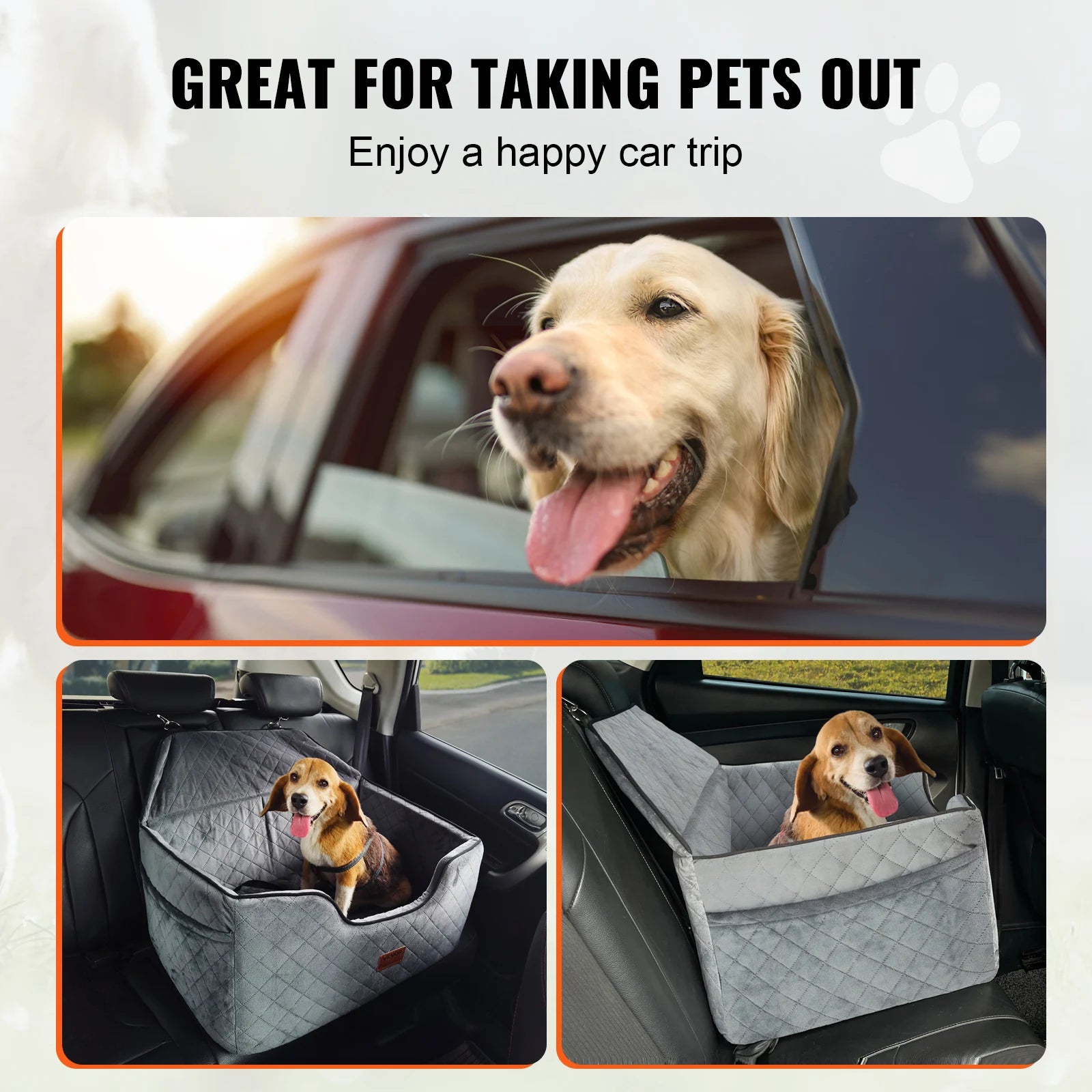 VEVOR Dog Car Seat – Booster Seat with Storage Pocket & Sponge Filling | Travel Car Bed for Medium to Large Dogs up to 55 lbs (Gray)