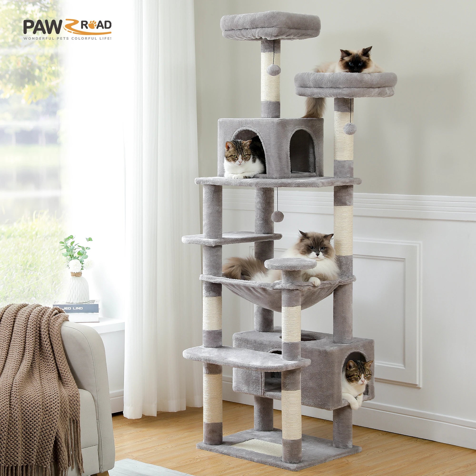Large Multi-Level Cat Tree Tower – Tall Plush Indoor Cat Condo with Scratching Posts, Perches, Caves & Boards