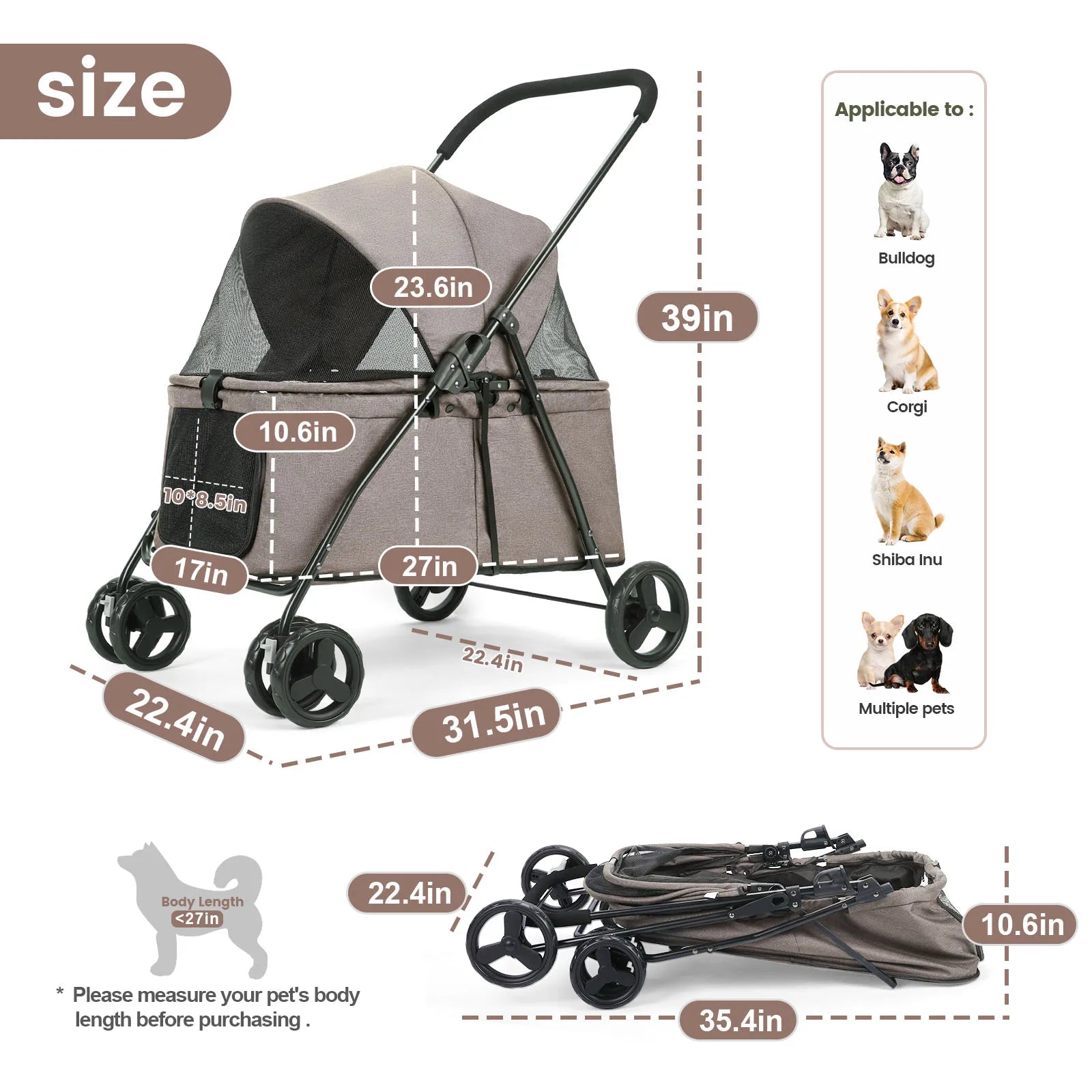 Wedyvko Luxury 80 lbs Pet Stroller – 4-Wheel Foldable Dog Stroller with Brakes, Dark Grey