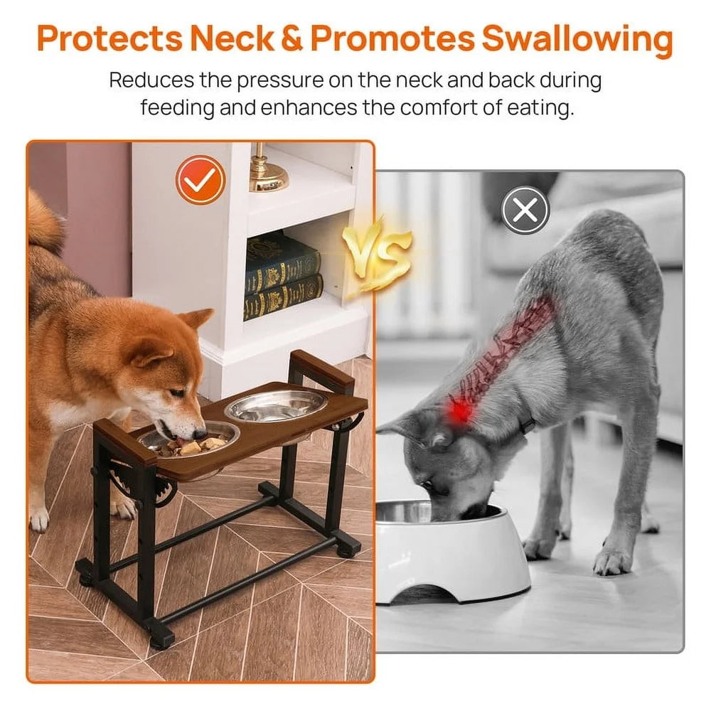Adjustable Elevated Dog Bowl Stand – 2 Stainless Steel Bowls with Non-Slip Base
