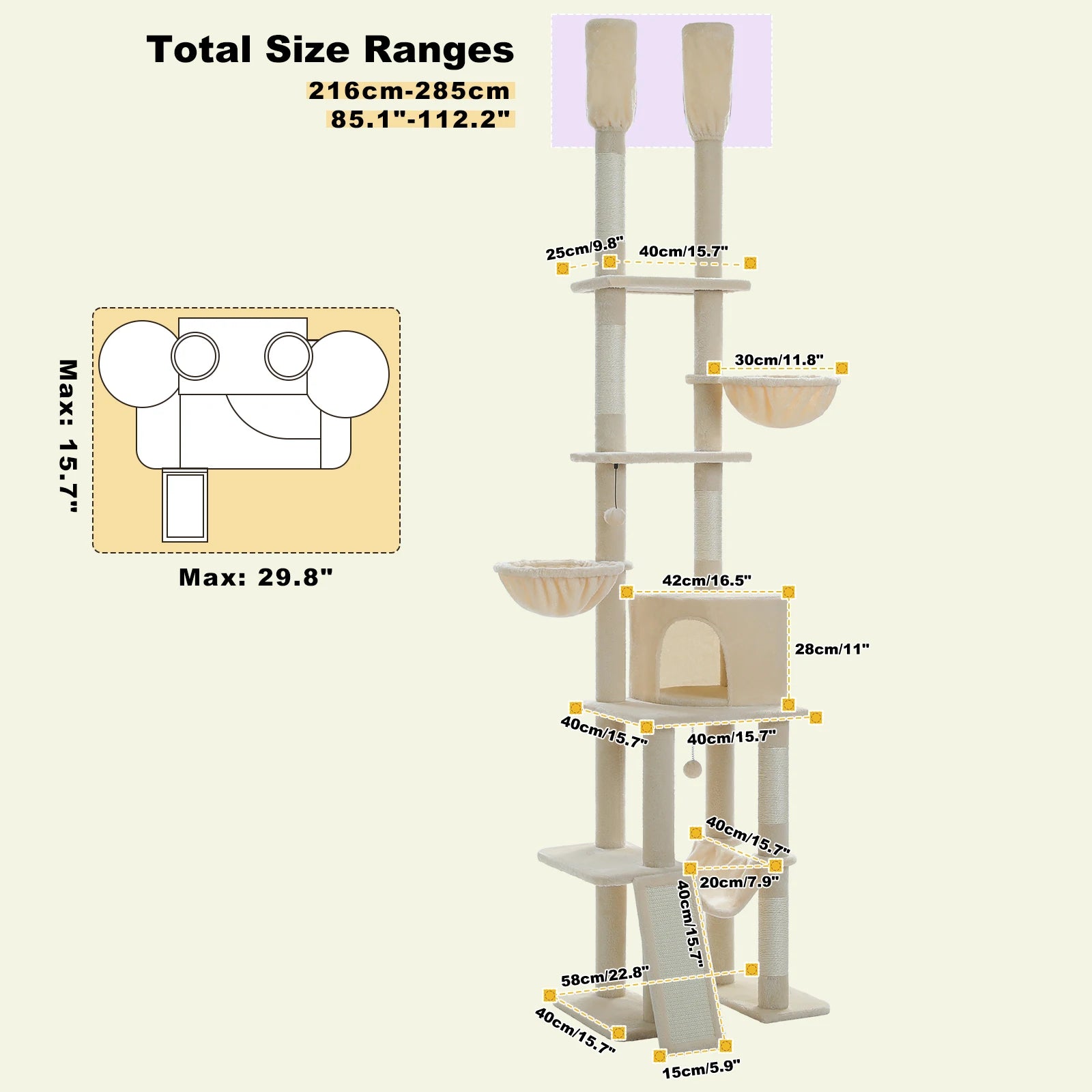 Adjustable Floor-to-Ceiling Cat Tree Tower – Tall Indoor Cat Furniture with Hammock, Cozy Condo & Sisal Scratching Posts
