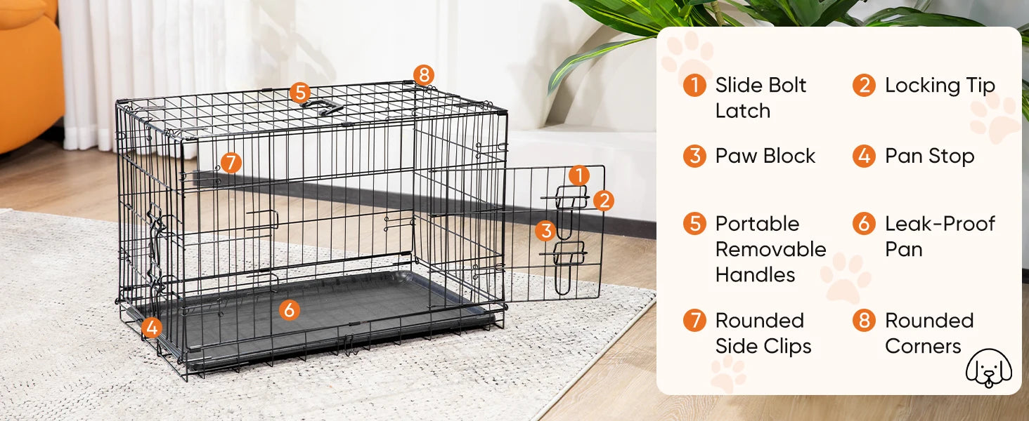 JHK Folding Double Door Dog Crate – XL Metal Wire Cage with Leak-Proof Tray for Indoor & Travel Use