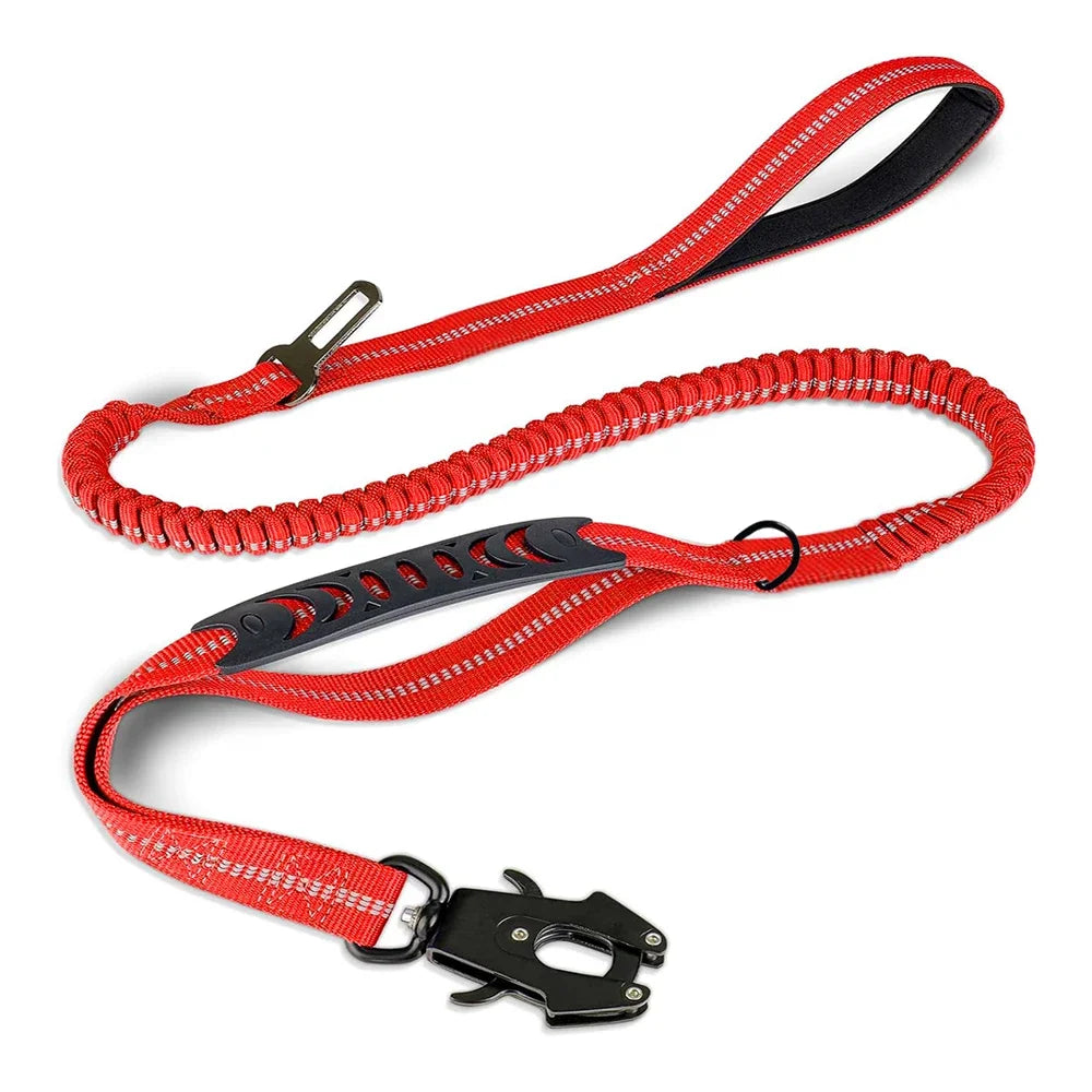Reflective Shock-Absorbing Tactical Bungee Dog Leash with Car Seatbelt Clip – Heavy Duty No-Pull Leash for Large Dogs