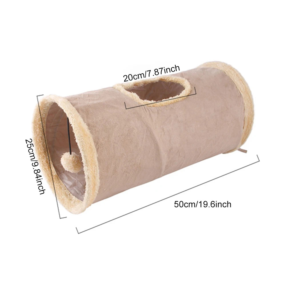 Plush Foldable Cat Tunnel – Warm Winter Play Tube with Hanging Ball for Cats, Kittens, Puppies & Small Pets