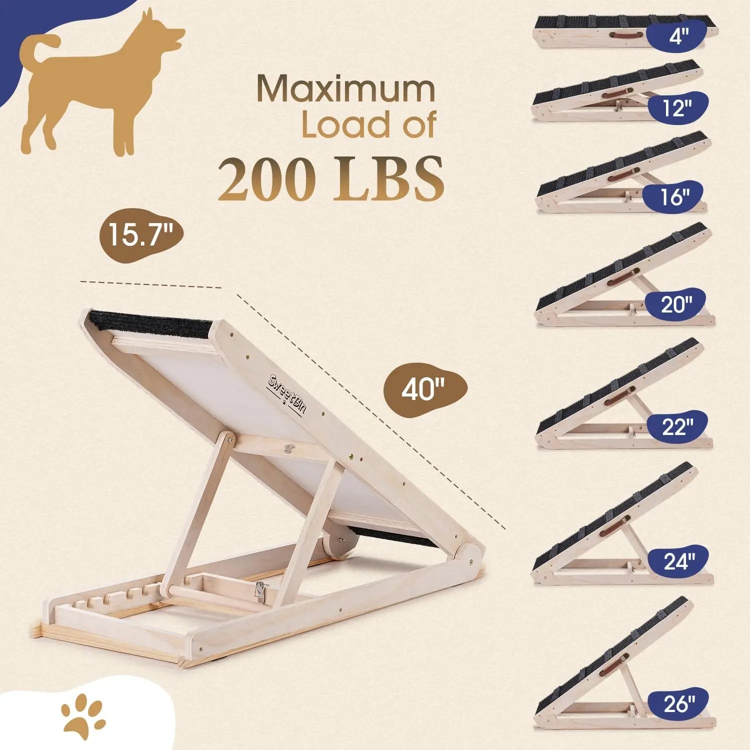 Adjustable Wooden Pet Ramp – 40" Long Dog & Cat Ramp with Non-Slip Carpet Surface and Anti-Skid Foot Pads