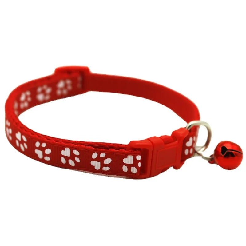 Adjustable Pet Collar with Bell – Colorful Cartoon Footprint Dog & Cat Collar for Puppies and Kittens
