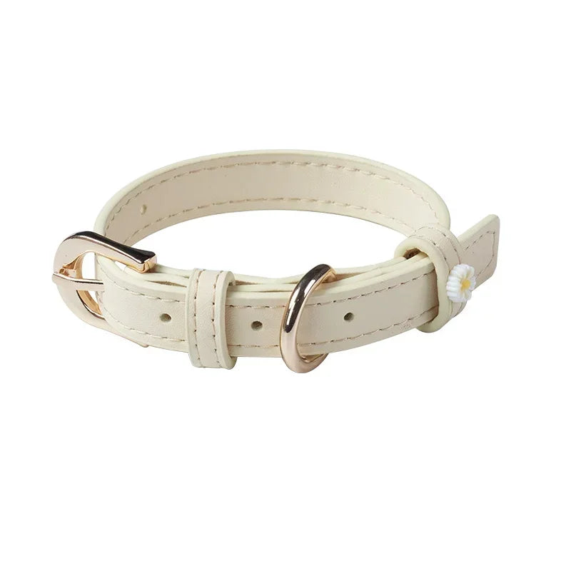 PU Leather Dog Collar with Daisy Decoration – Comfortable Pet Collar for Small Dogs and Cats