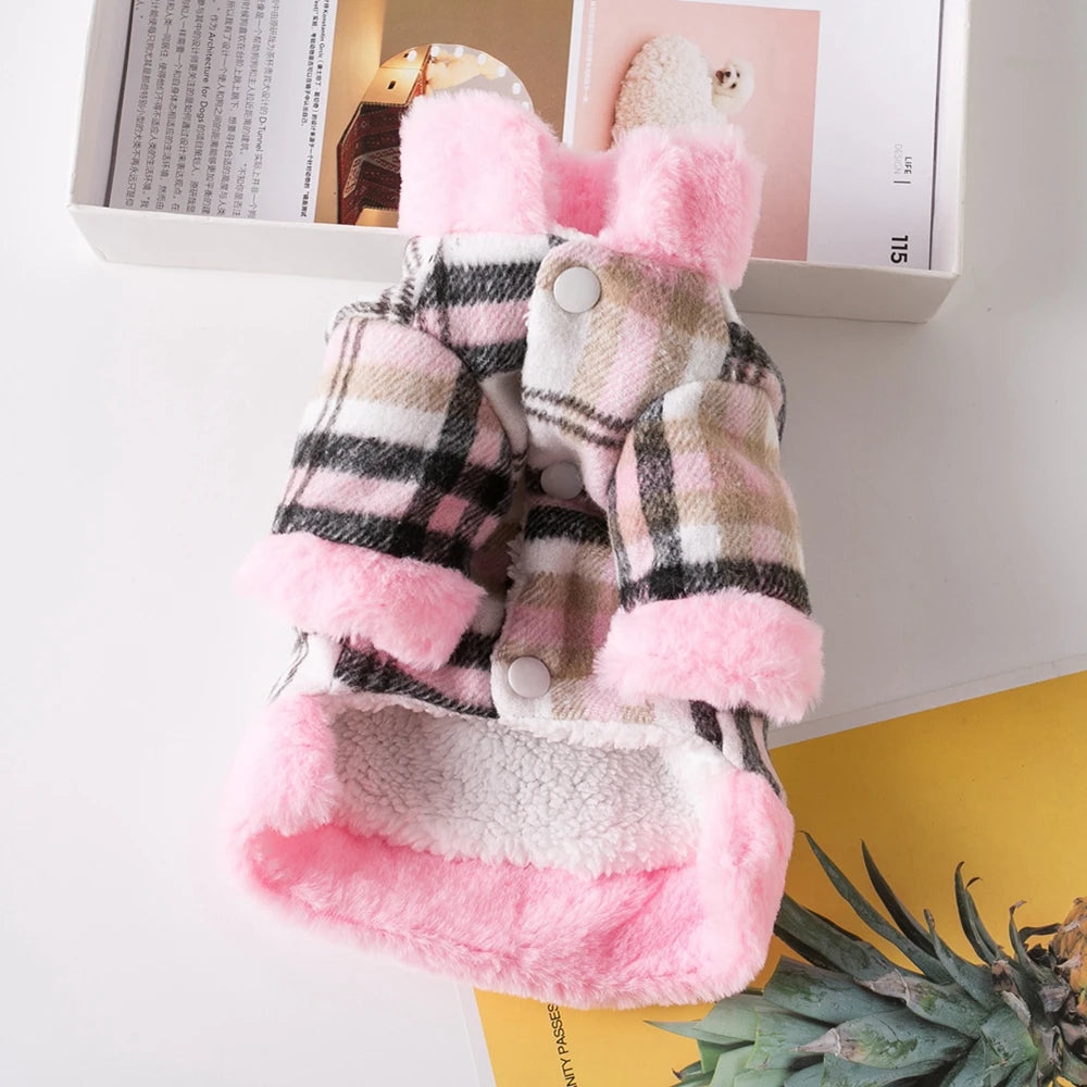 Winter Pet Jacket – Grid Cotton Coat with Fur Collar for Small Dogs (Chihuahua, French Bulldog, etc.)