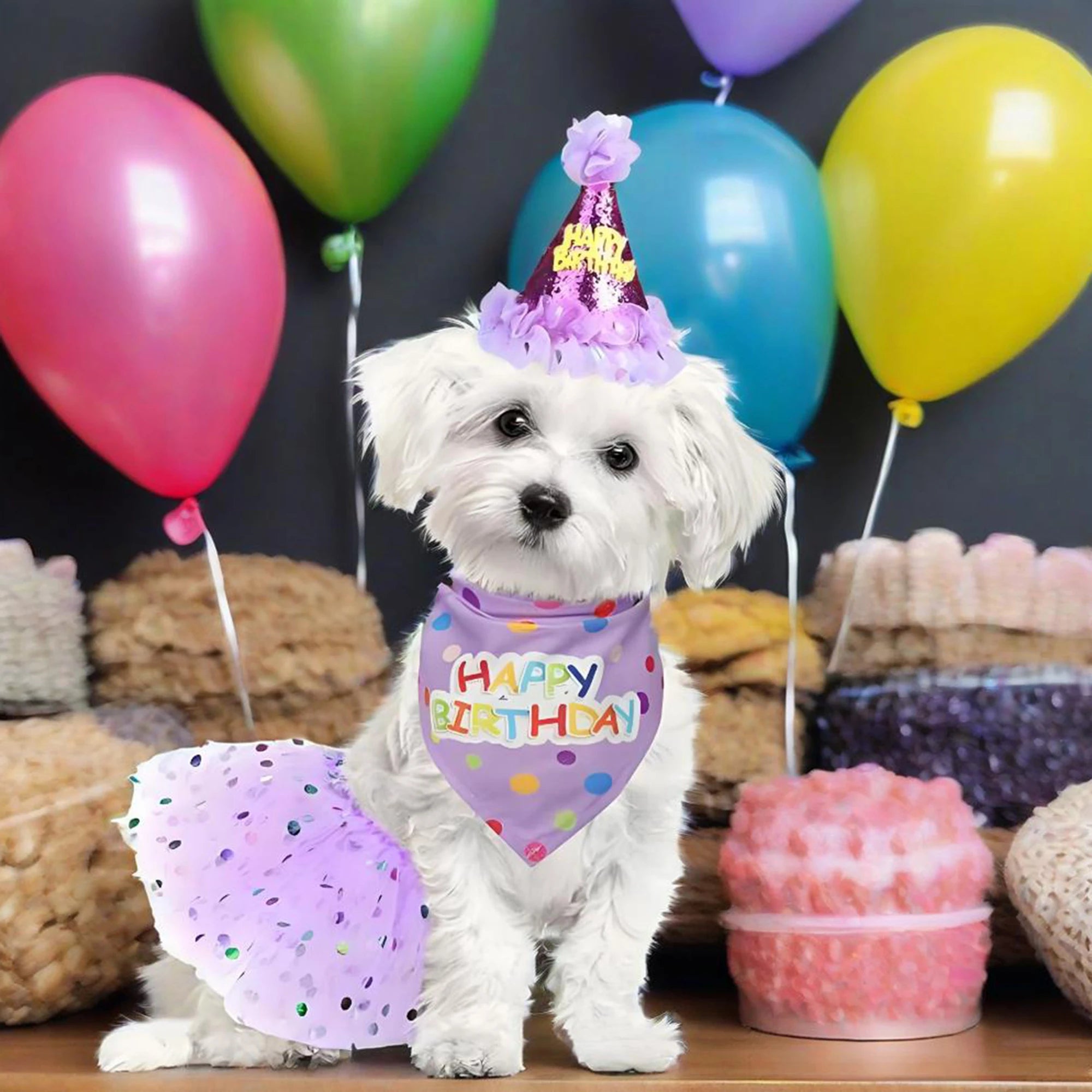 Dog Birthday Costume Set – Party Hat, Skirt & Scarf Outfit for Dogs & Cats