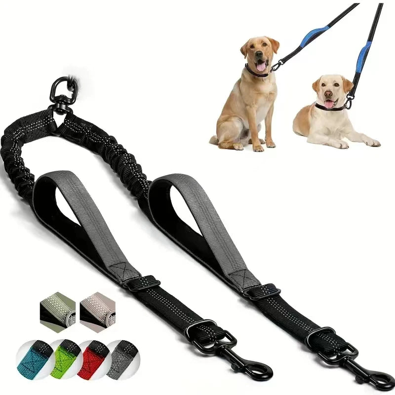 Dual Dog Leash Coupler – No-Tangle Bungee Leash with Comfort Padded Handles, 360° Swivel, Reflective & Shock Absorbing Training Lead
