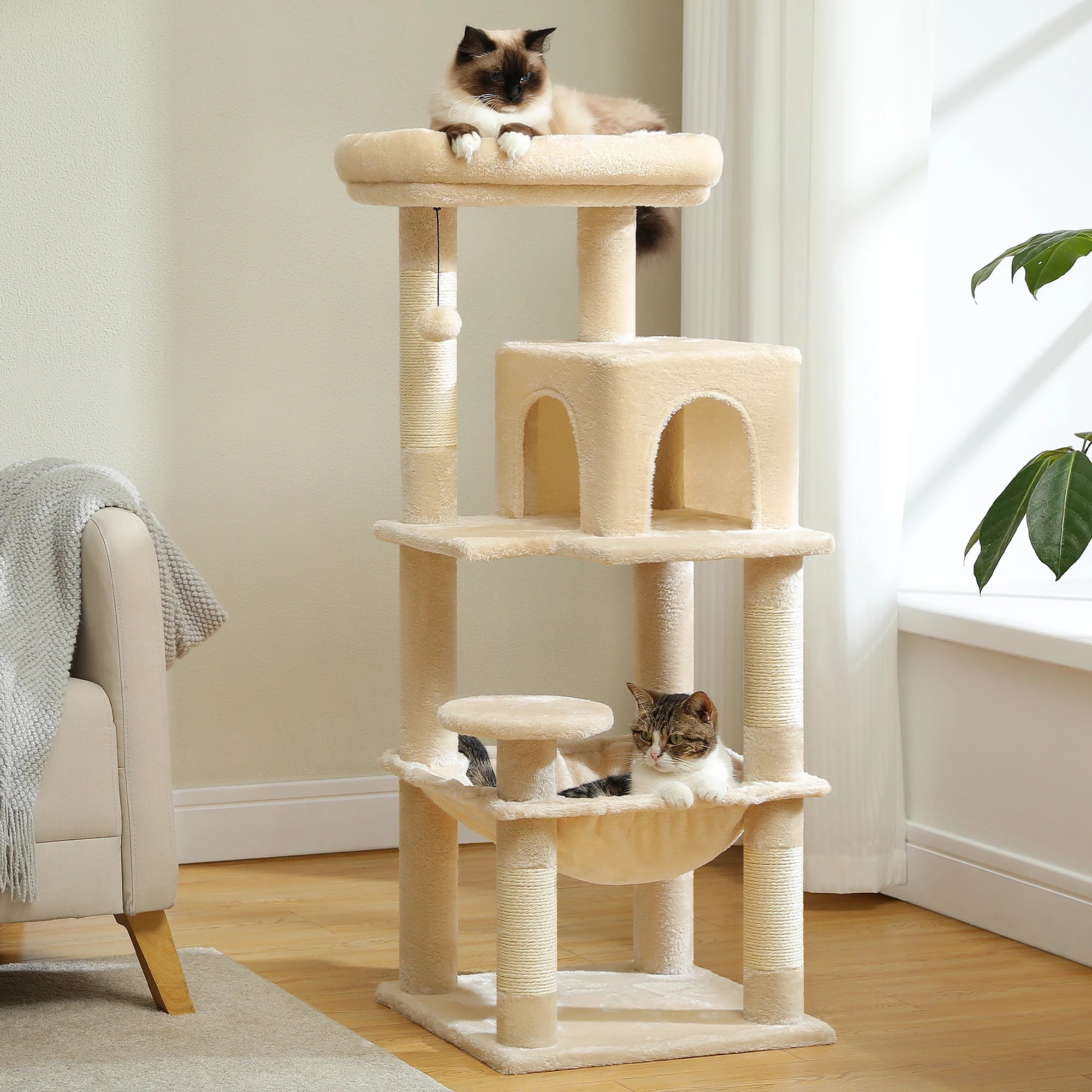 Adjustable Floor-to-Ceiling Cat Tree Tower – Tall Indoor Cat Furniture with Hammock, Cozy Condo & Sisal Scratching Posts