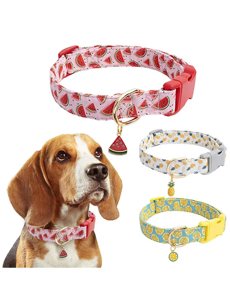 Fruit Pattern Pet Collar with Metal Pendant – Adjustable Dog & Cat Collar for Puppies and Small Pets