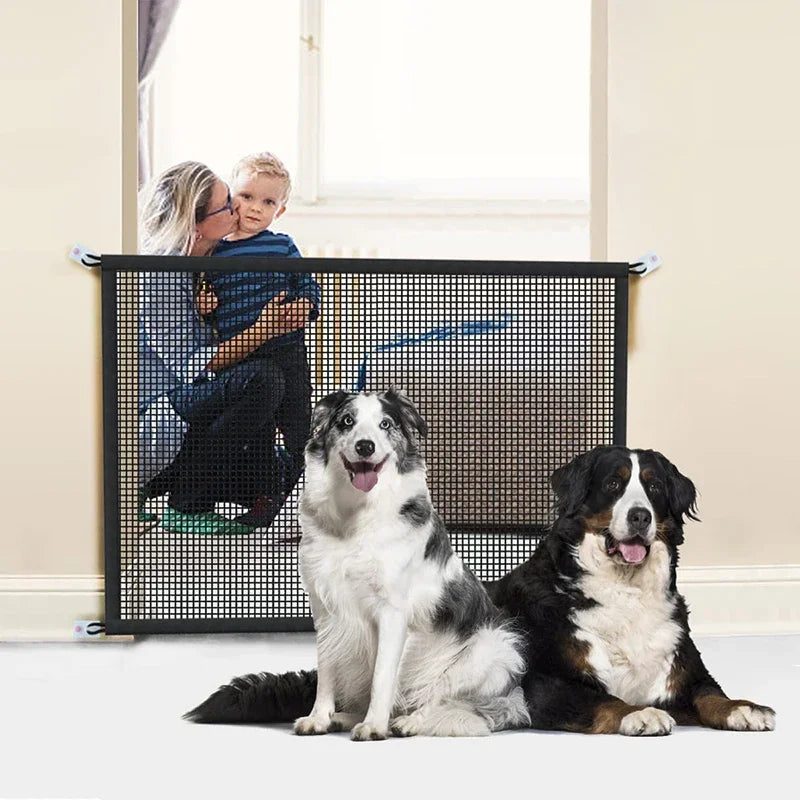 Folding Mesh Dog Safety Gate – Pet Barrier Fence with Hooks for Doorways & Stairs