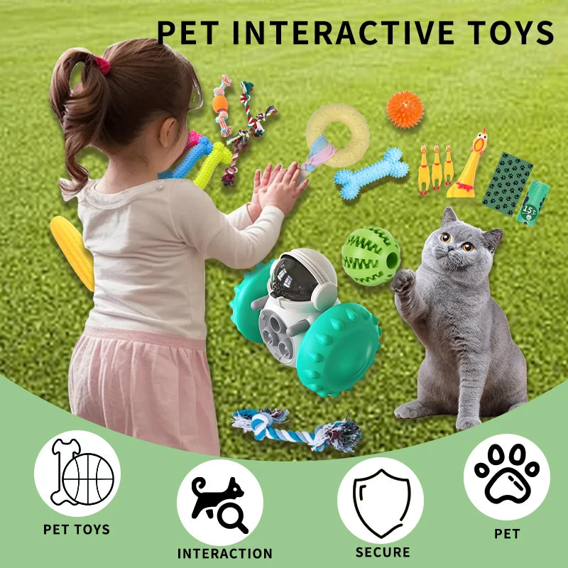 18-Piece Dog Toy Pack – Squeakers, Balance Bikes, Ropes & Interactive Toys with Food Dispensers for Training, Chewing & Mental Stimulation