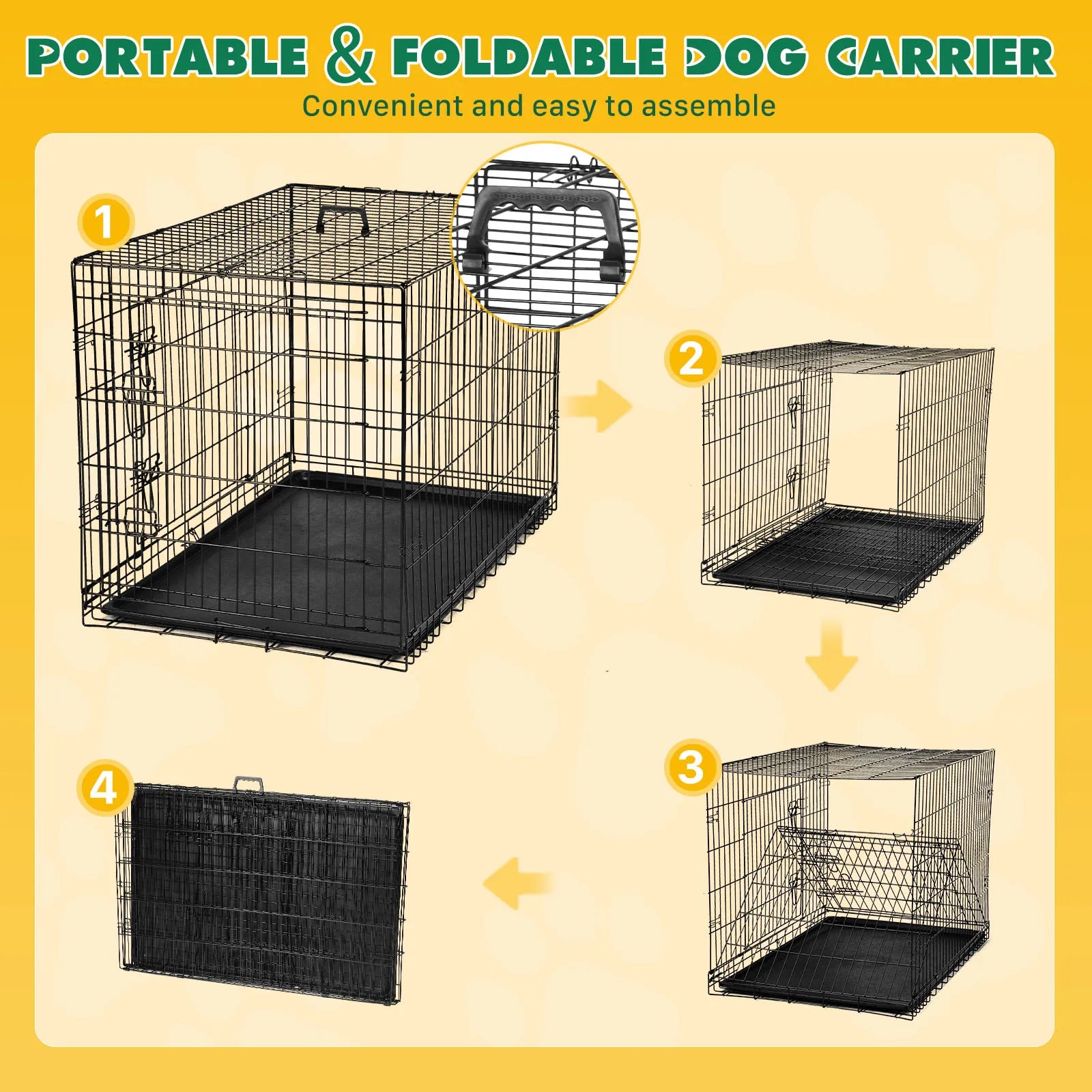 JHK Folding Double Door Dog Crate – XL Metal Wire Cage with Leak-Proof Tray for Indoor & Travel Use