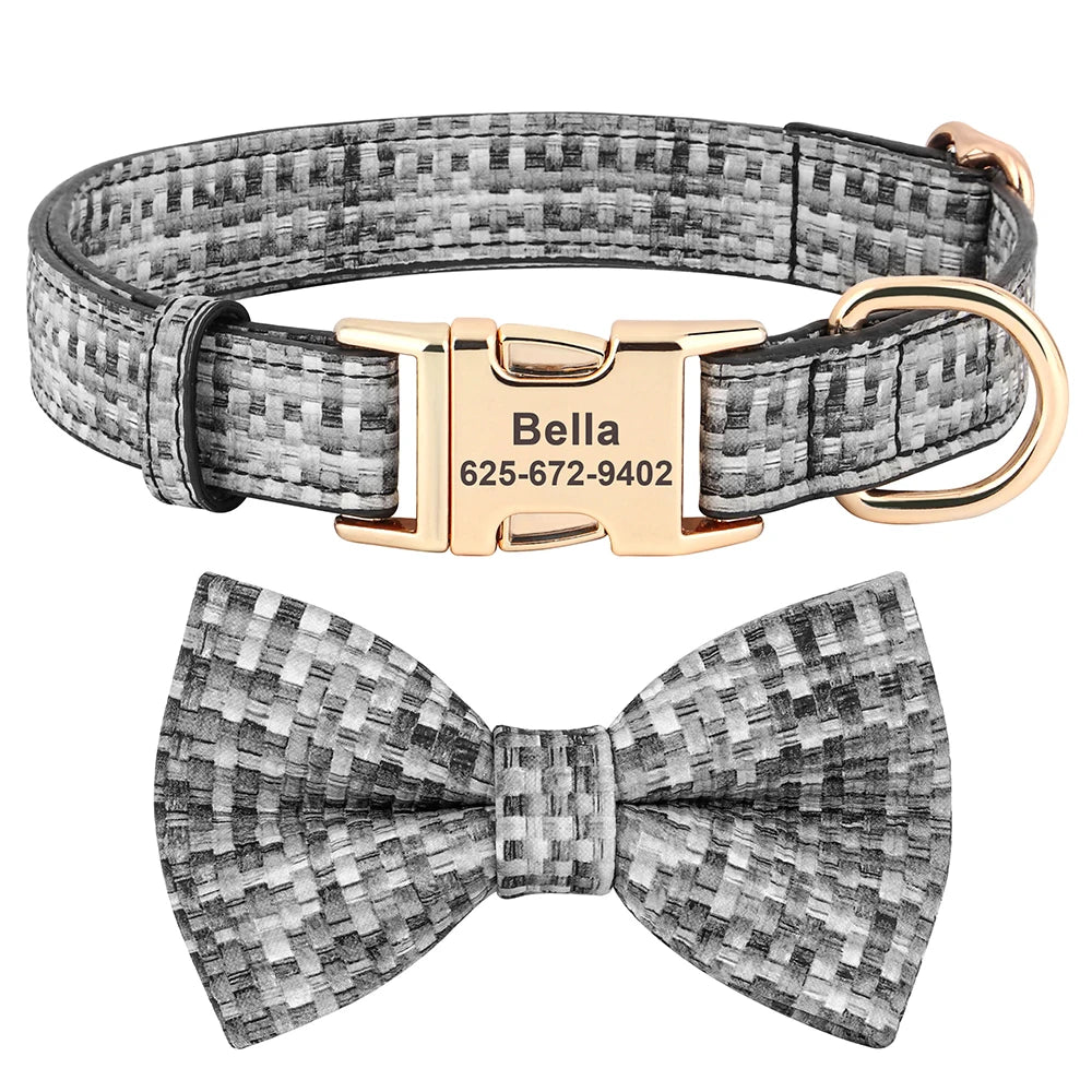 Personalized Plaid Leather Dog Collar with Bowknot – Custom Engraved Pet Collar for Small, Medium & Large Dogs