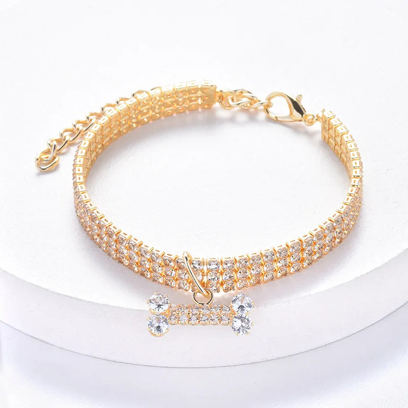 Luxury Adjustable Pet Necklace – Cat & Dog Collar with Diamond Zircon Bone Pendant