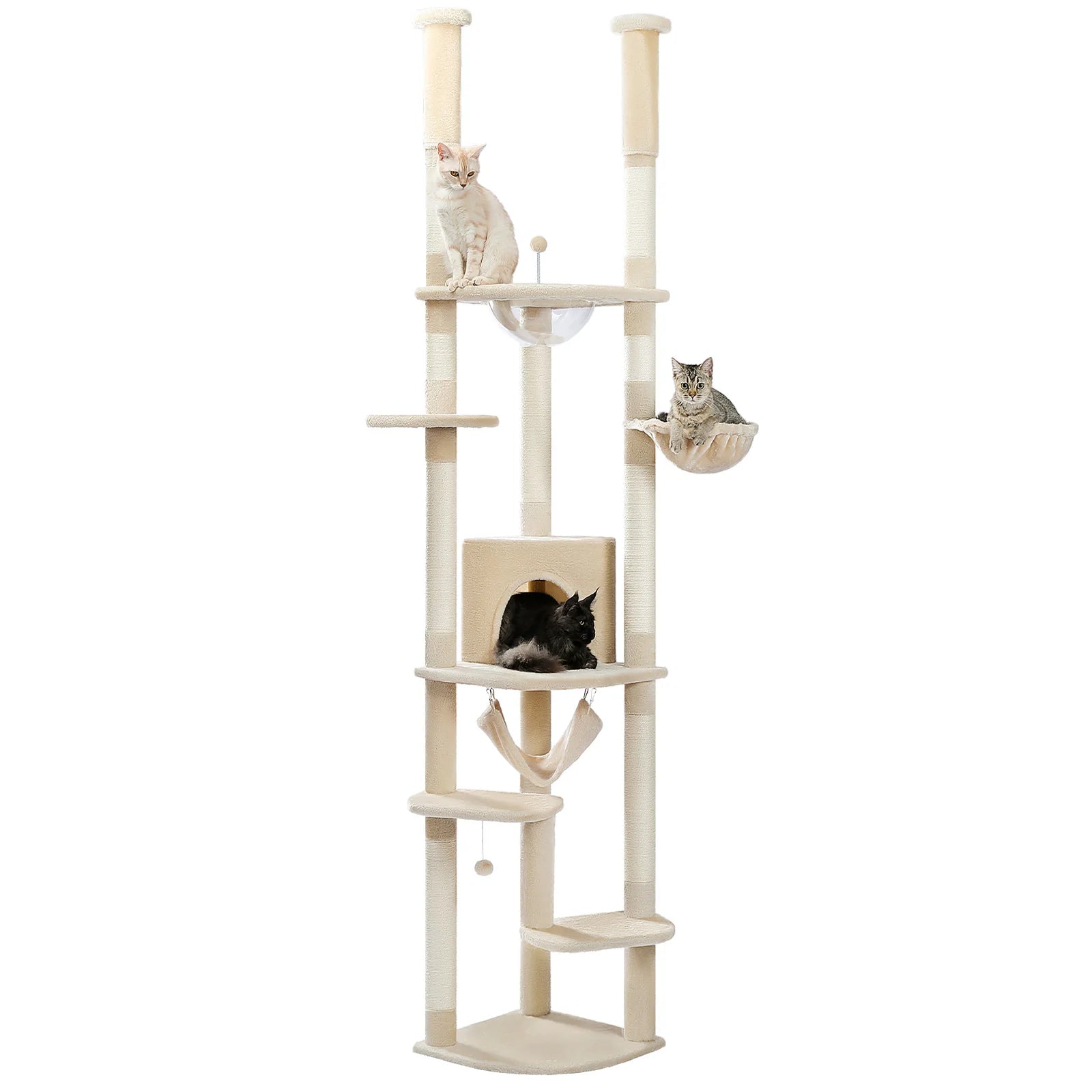 Adjustable Floor-to-Ceiling Cat Tree Tower – Tall Indoor Cat Furniture with Hammock, Cozy Condo & Sisal Scratching Posts