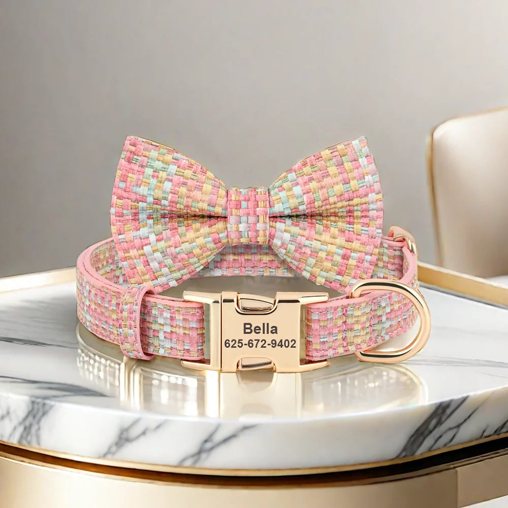 Personalized Plaid Leather Dog Collar with Bowknot – Custom Engraved Pet Collar for Small, Medium & Large Dogs