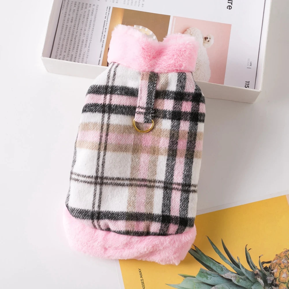 Winter Pet Jacket – Grid Cotton Coat with Fur Collar for Small Dogs (Chihuahua, French Bulldog, etc.)