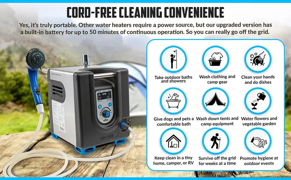 Portable Propane Water Heater & Shower Pump – Outdoor Hot Water System with LCD & Built-In Battery
