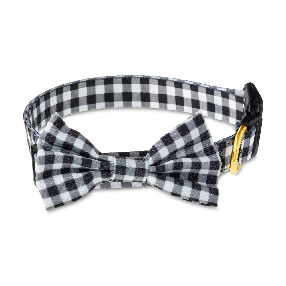 Gingham Bow Tie Dog Collar – Adjustable Medium Size Durable Polyester with Leash Attachment