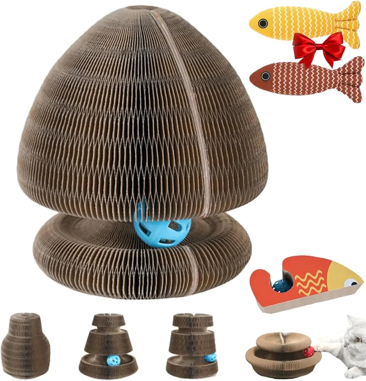 Cat Scratch Board Toy with Bell – Foldable Accordion Cardboard Climbing Frame & Ball | Recyclable Interactive Toy for Kittens & Cats