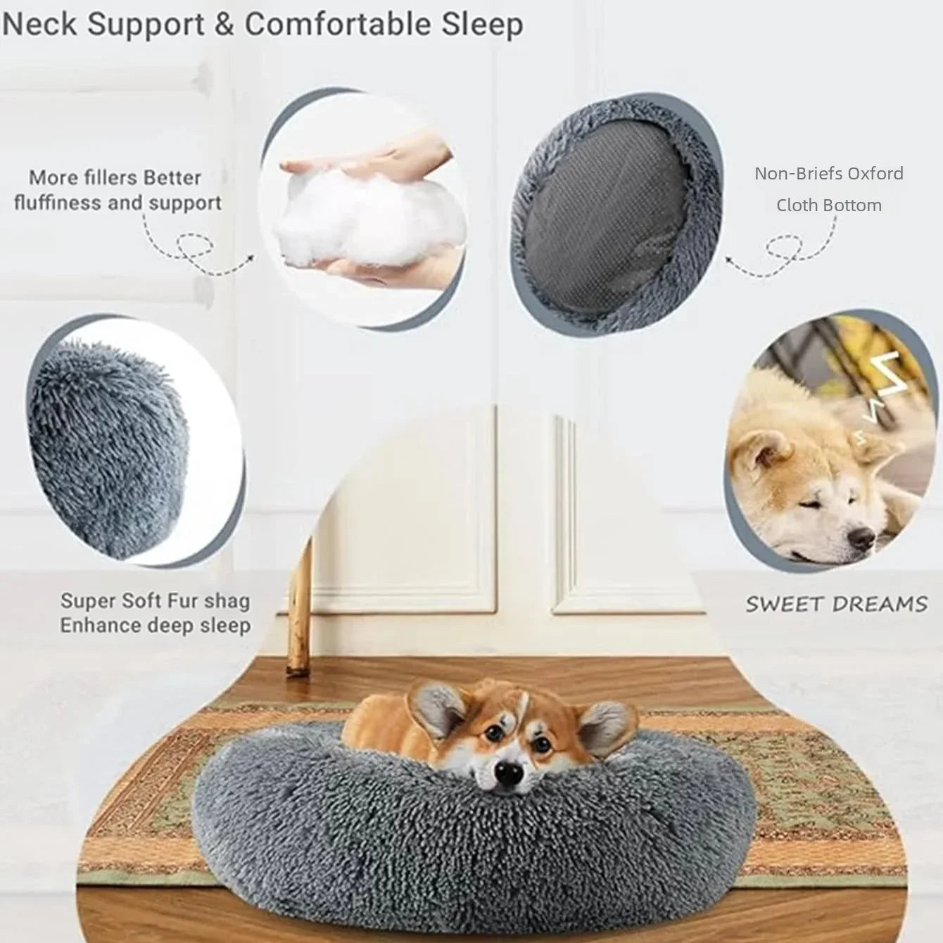 Round Plush Pet Bed – 40–90cm Super Soft Dog & Cat Bed, Winter Warm Sleeping Nest