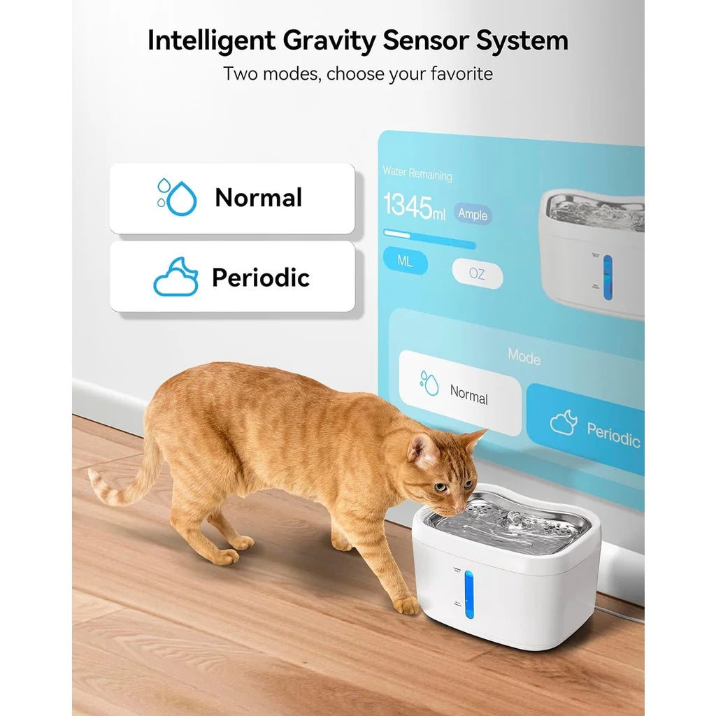 Cat Water Fountain with APP Control – 2.5L / 84oz Automatic Wireless Pet Fountain with Stainless Steel Tray & Weight Sensor