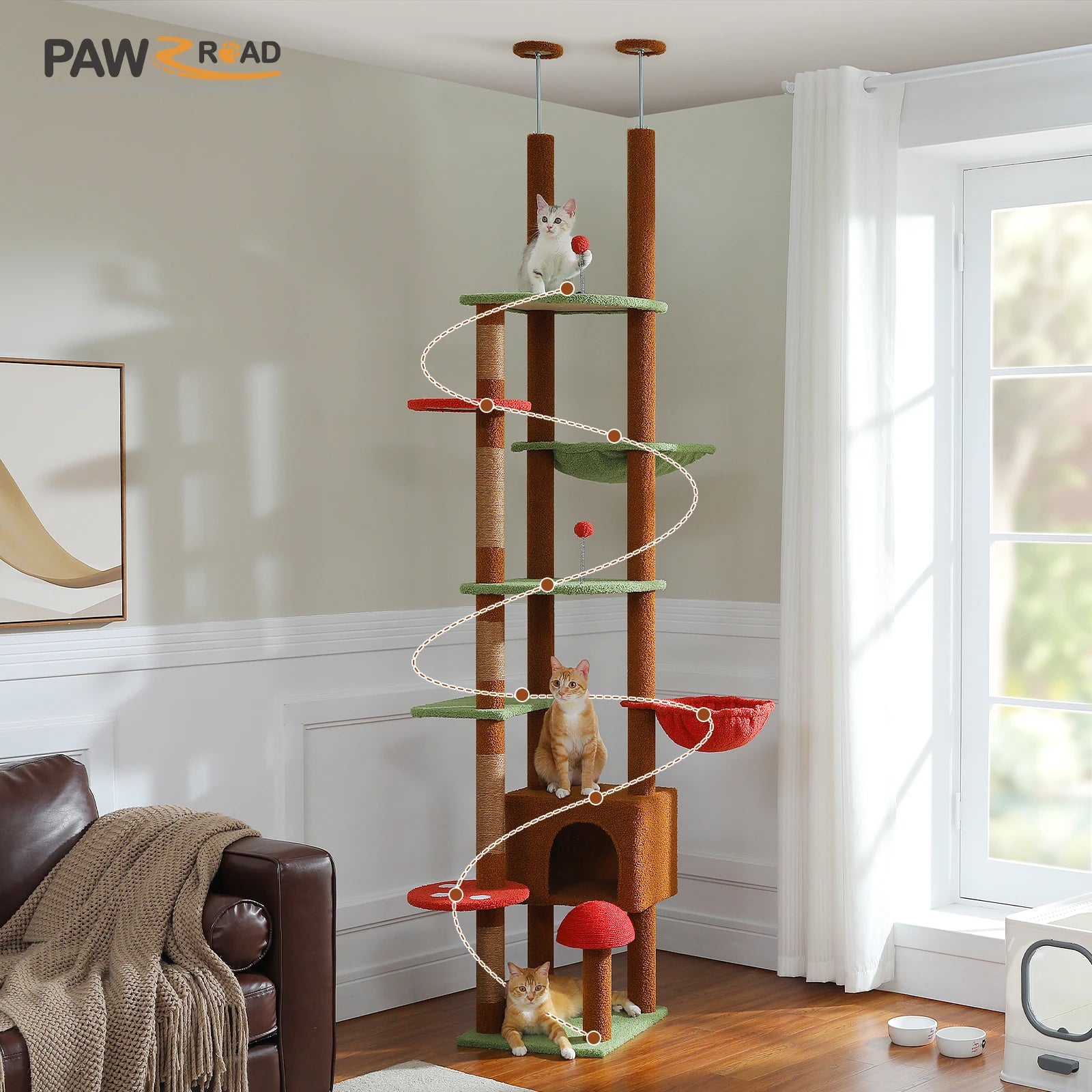 Adjustable Floor-to-Ceiling Cat Tree Tower – Tall Indoor Cat Furniture with Hammock, Cozy Condo & Sisal Scratching Posts