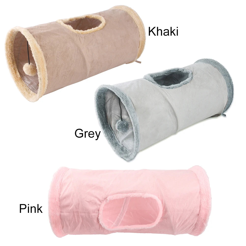 Plush Foldable Cat Tunnel – Warm Winter Play Tube with Hanging Ball for Cats, Kittens, Puppies & Small Pets