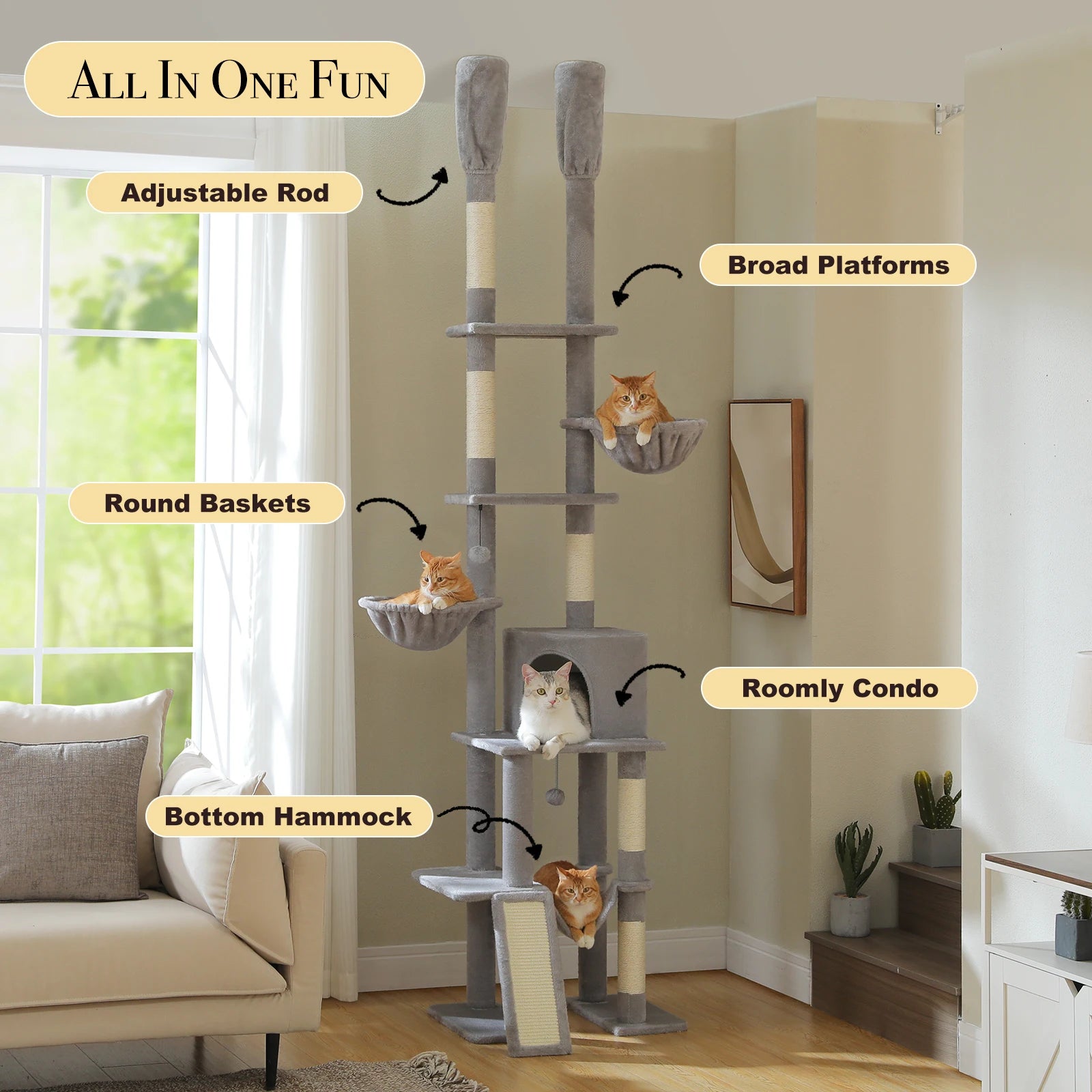 Adjustable Floor-to-Ceiling Cat Tree Tower – Tall Indoor Cat Furniture with Hammock, Cozy Condo & Sisal Scratching Posts
